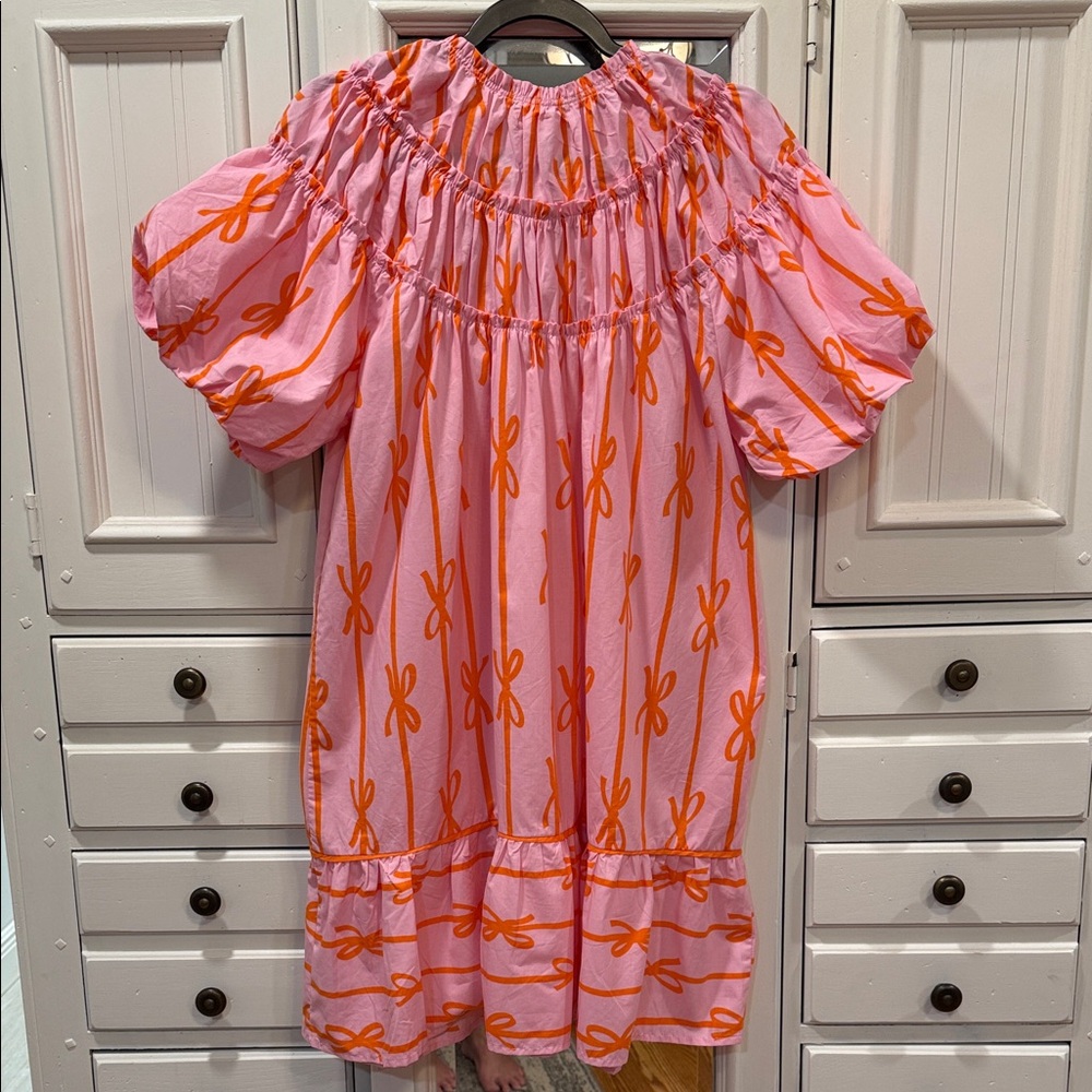 Umgee Small Pink Midi Dress with Orange Bow Print and Puff Sleeves with belt - Picture 6 of 8